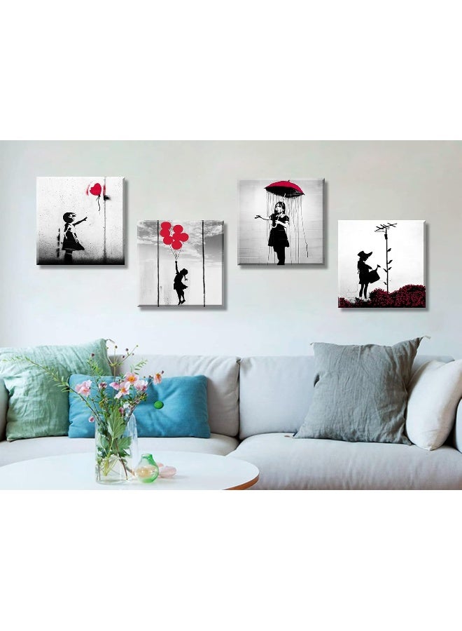 DJSYLIFE Banksy Canvas Wall Art Girl with Red Balloon Street Graffiti Wall Decor There is Always Hope Nola Abstract Artwork Black and Grey Modern Home Office Decorations 12" W x 12" H 4 Pieces - Image 3