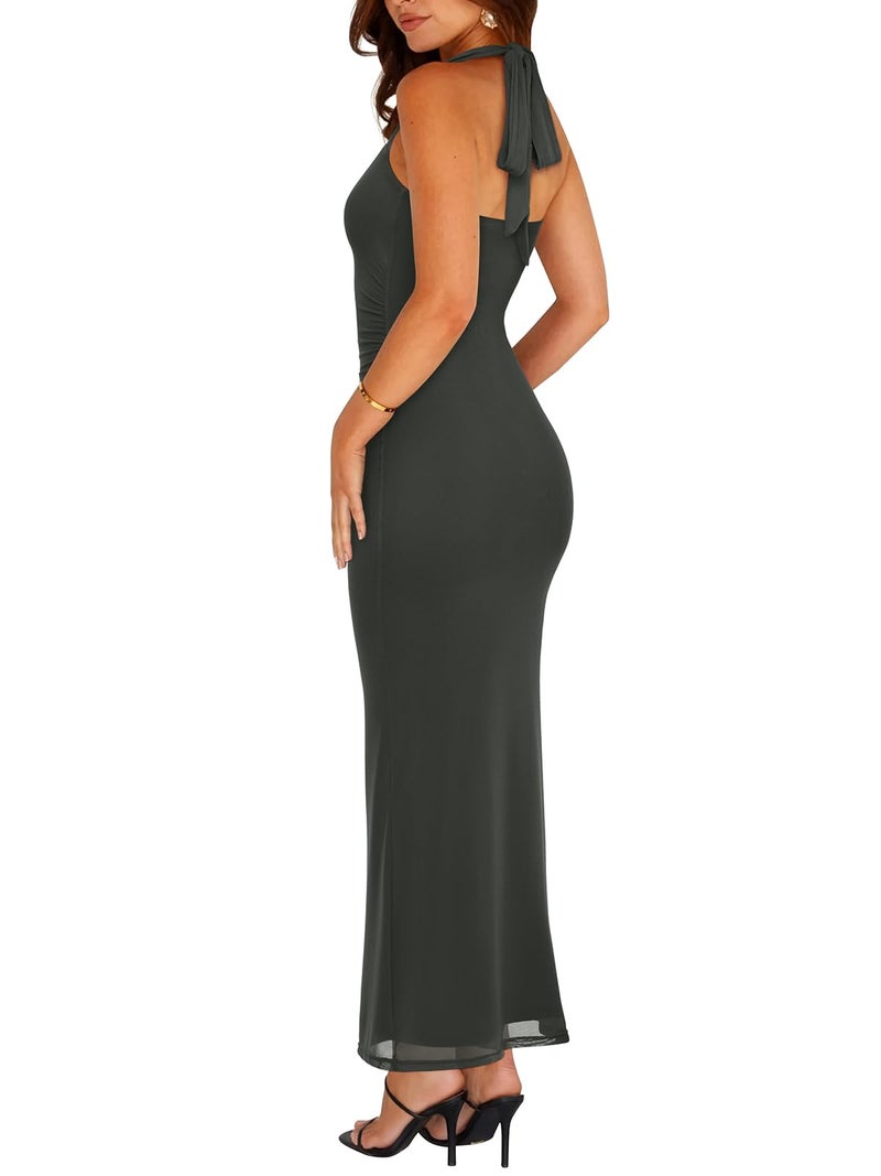 REORIA Summer Mesh Sheer Sleeveless Wedding Guest Maxi Dresses for Women Ruched Bodycon Square Neck Halter Tie Back Long Dress Thyme Small - Image 2