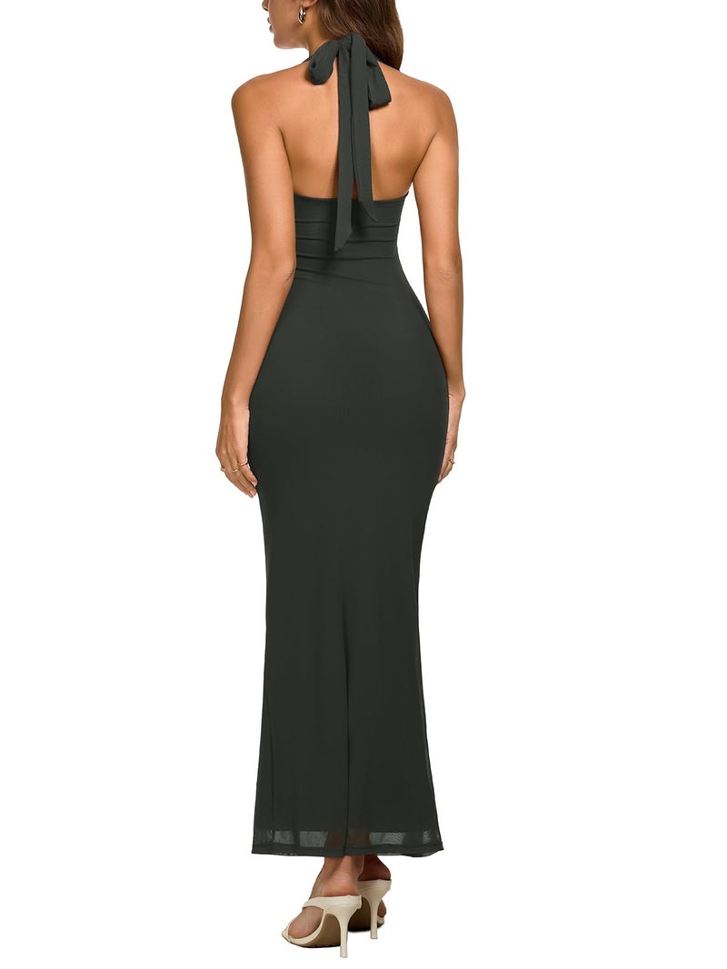 REORIA Summer Mesh Sheer Sleeveless Wedding Guest Maxi Dresses for Women Ruched Bodycon Square Neck Halter Tie Back Long Dress Thyme Small - Image 4