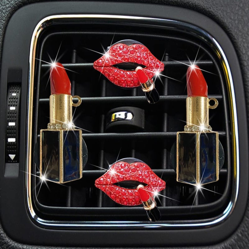 Wpppan 4Pcs Lip Air Vent Clips, Bling Car Fresheners Vents Clips for Women Diamond Diffuser Red Accessories Charm Rhinestone Interior Decor Decoration,Red Rhinestone Diamond Diffuser,Interior Accessories - Image 1