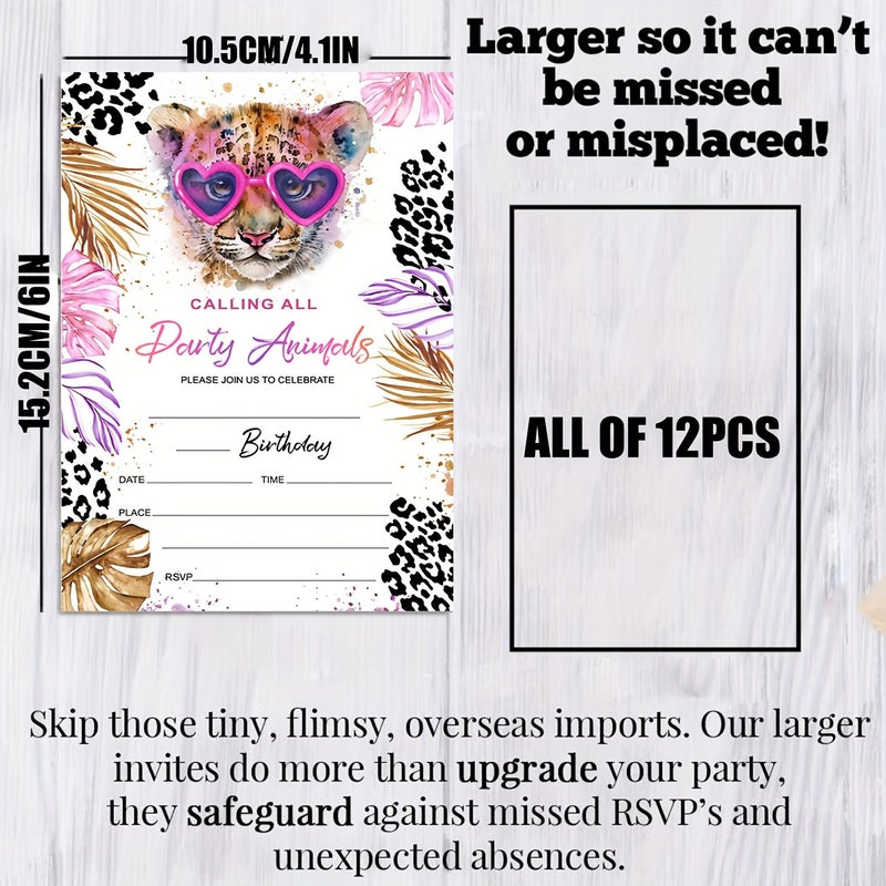 Set Of 12 Animal Themed Birthday Invitation Cards With Envelopes Featuring A Leopard Print Design Perfect For Various Celebrations Including Birthdays Weddings Halloween Christmas And New Year - Image 3