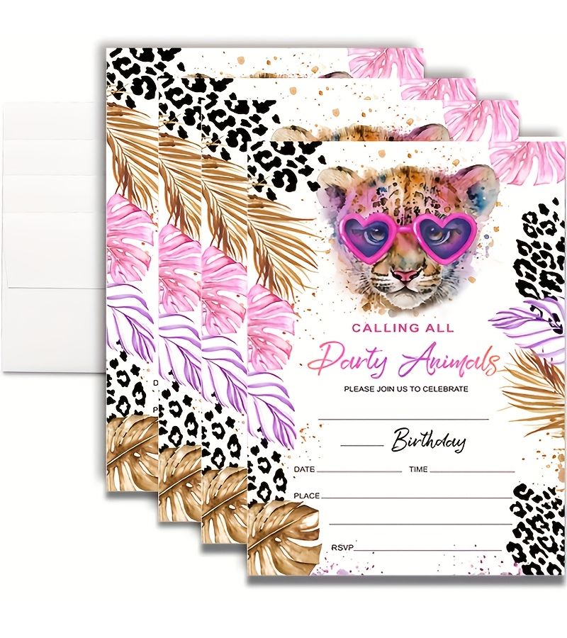 Set Of 12 Animal Themed Birthday Invitation Cards With Envelopes Featuring A Leopard Print Design Perfect For Various Celebrations Including Birthdays Weddings Halloween Christmas And New Year - Image 1