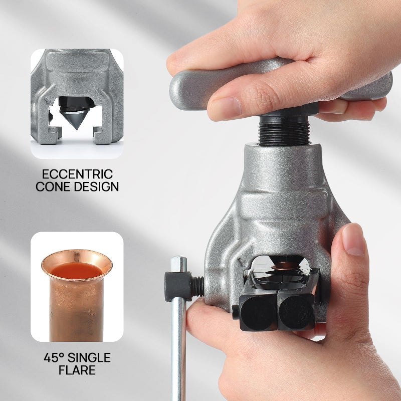 TURBRO HVAC FlaringTool Kit for 1/4 to 3/4in Pipes, 45 Degree Eccentric Cone Type, 2 Flaring Splints, Single Flaring Tool with a Pipe Cutter and Deburring Reamer, for Copper and Aluminum Pipes - Image 2
