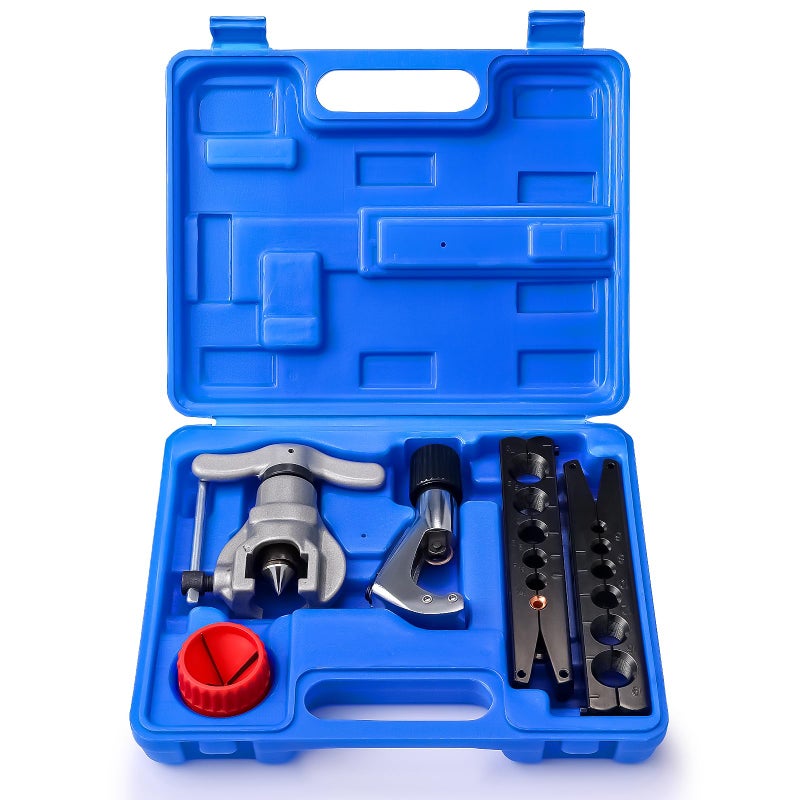 TURBRO HVAC FlaringTool Kit for 1/4 to 3/4in Pipes, 45 Degree Eccentric Cone Type, 2 Flaring Splints, Single Flaring Tool with a Pipe Cutter and Deburring Reamer, for Copper and Aluminum Pipes - Image 1