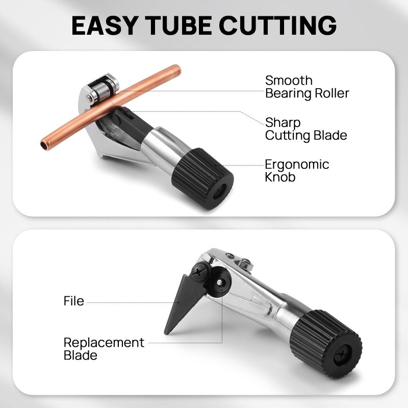 TURBRO HVAC FlaringTool Kit for 1/4 to 3/4in Pipes, 45 Degree Eccentric Cone Type, 2 Flaring Splints, Single Flaring Tool with a Pipe Cutter and Deburring Reamer, for Copper and Aluminum Pipes - Image 5