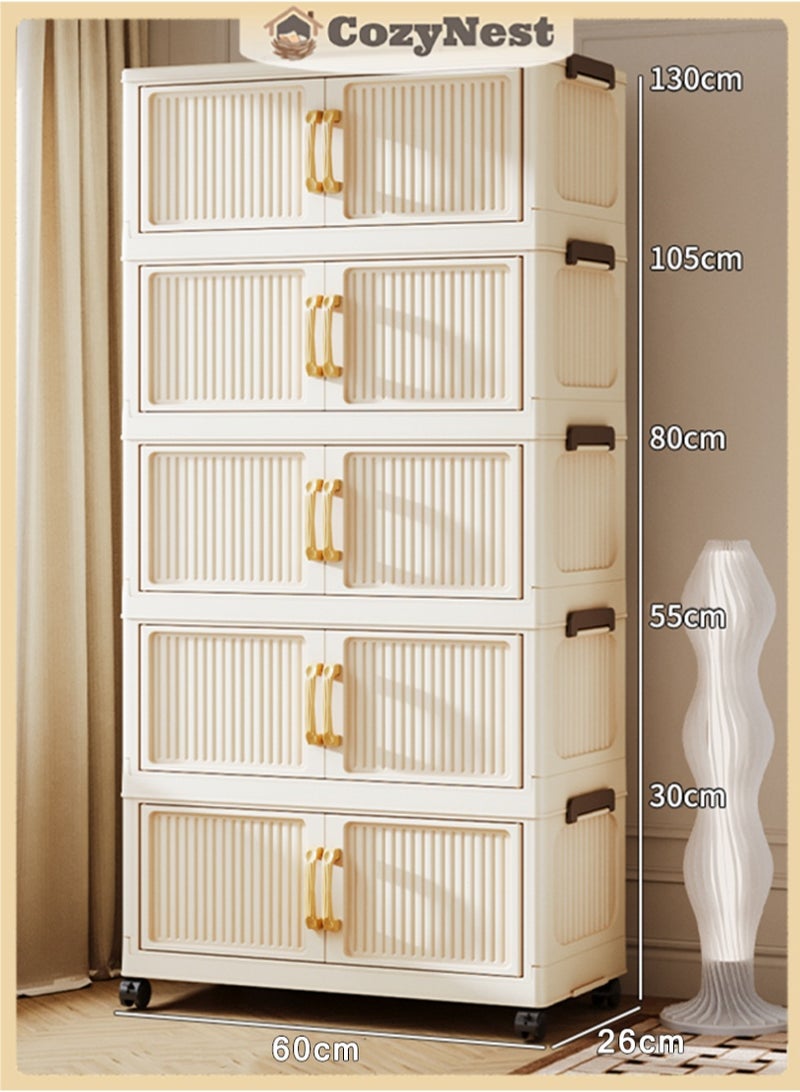 كوزينيست خزانة تخزين بلاستيكية قابلة للطي من 5 طبقات مع مقابض وباب مزدوج مغناطيسي وعجلات، عرض 60 سم، صندوق منظم قابل للتكديس باللون الأبيض الكريم للملابس، الألعاب، الكتب واللوازم المكتبية - Image 1