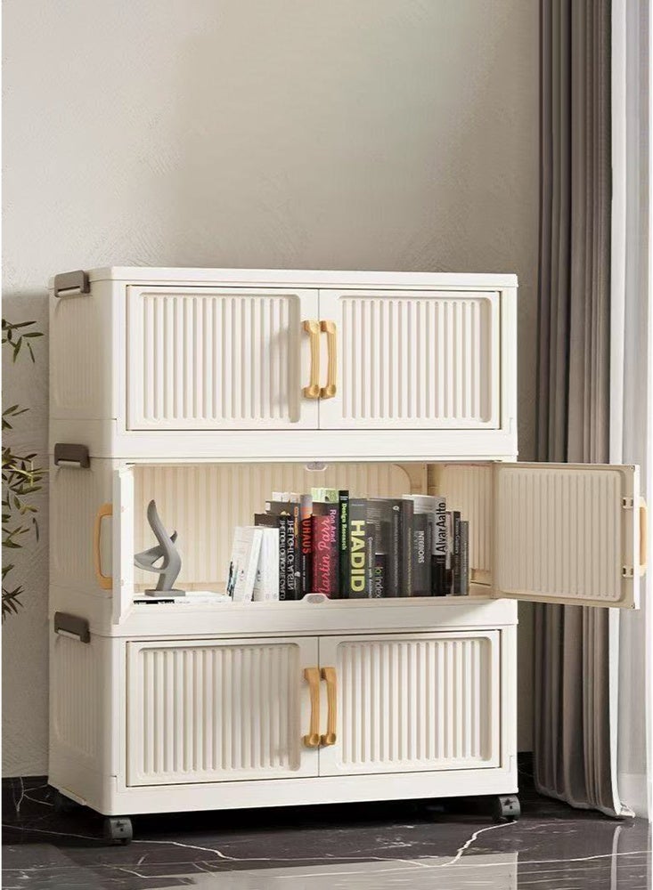 كوزينيست خزانة تخزين بلاستيكية قابلة للطي من 5 طبقات مع مقابض وباب مزدوج مغناطيسي وعجلات، عرض 60 سم، صندوق منظم قابل للتكديس باللون الأبيض الكريم للملابس، الألعاب، الكتب واللوازم المكتبية - Image 2