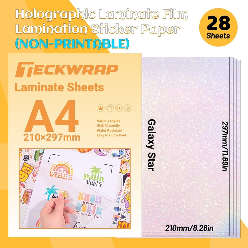 Holographic Laminate Sheets Waterproof Laminating Sheets - A4 Clear Vinyl Self Adhesive UV Laminate DIY Printable Vinyl Sticker Paper for Inkjet Printer 8.26" x 11.69" 28 Sheets, Galaxy Star - Image 2