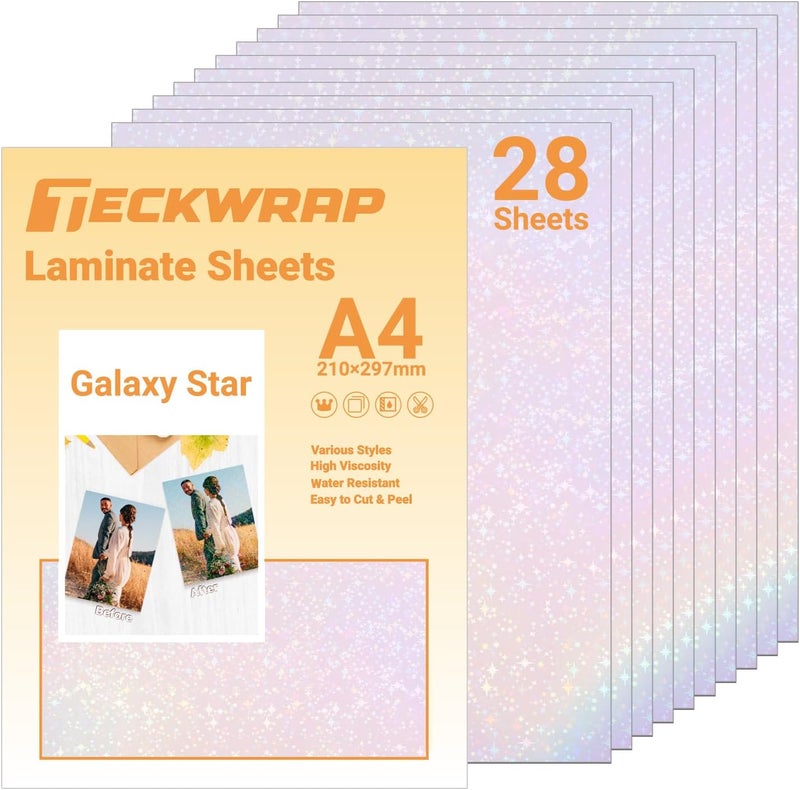 Holographic Laminate Sheets Waterproof Laminating Sheets - A4 Clear Vinyl Self Adhesive UV Laminate DIY Printable Vinyl Sticker Paper for Inkjet Printer 8.26" x 11.69" 28 Sheets, Galaxy Star - Image 1