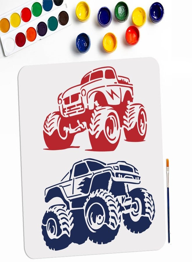 MAYJOYDIY 2 Styles Monster Truck Stencils 11.8×11.8inch Big Tires Design Off-Road Vehicle Drawing Templates with Paint Brush Reusable Vehicle Theme Stencils for Crafts Art Furniture Wood Canvas - Image 1