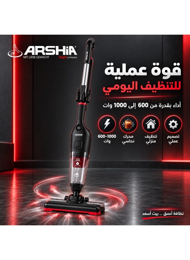 ARSHIA VCB10-3956 6-in-1 Upright Vacuum Cleaner with Mop, Converts to Handheld Vacuum, 600–1000W Power, HEPA Filter, 8m Power Cord, 18-Month Warranty - Image 4