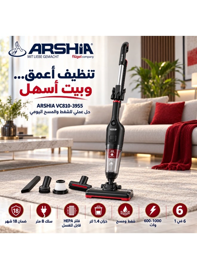 ARSHIA VCB10-3956 6-in-1 Upright Vacuum Cleaner with Mop, Converts to Handheld Vacuum, 600–1000W Power, HEPA Filter, 8m Power Cord, 18-Month Warranty - Image 3