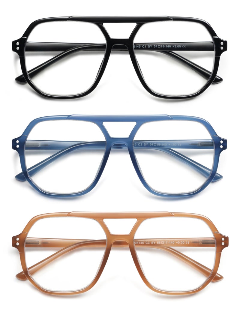 AMOMOMA Trendy Retro Aviator Reading Glasses for Women Men,Classic Large Oversized Reader Blue Light Computer Frame AM6145 C1+C2+C3 1.50x - Image 3