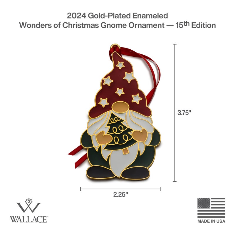 Wallace 2024 Gold Plated and Enameled Wonder of Christmas Gnome Ornament 15th Edition - Image 2