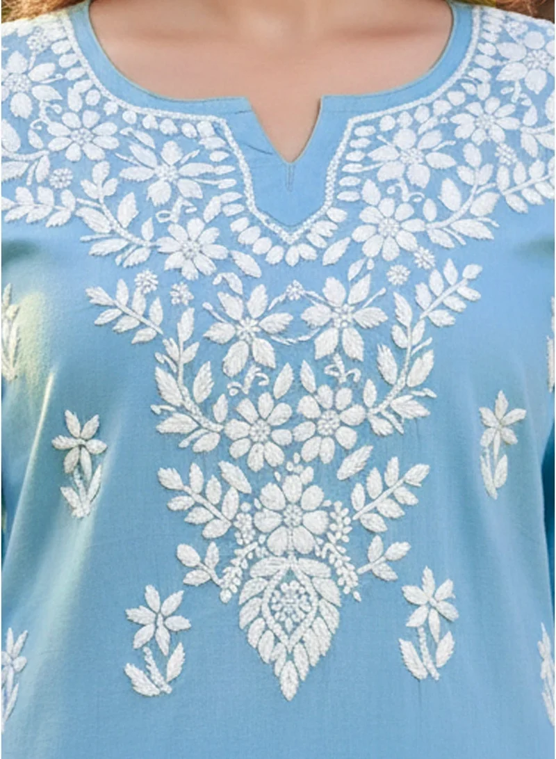 Alaya Blue Women Hand Embroidered Chikankari Cotton Kurti -AL3685 for Women | Best Price UAE