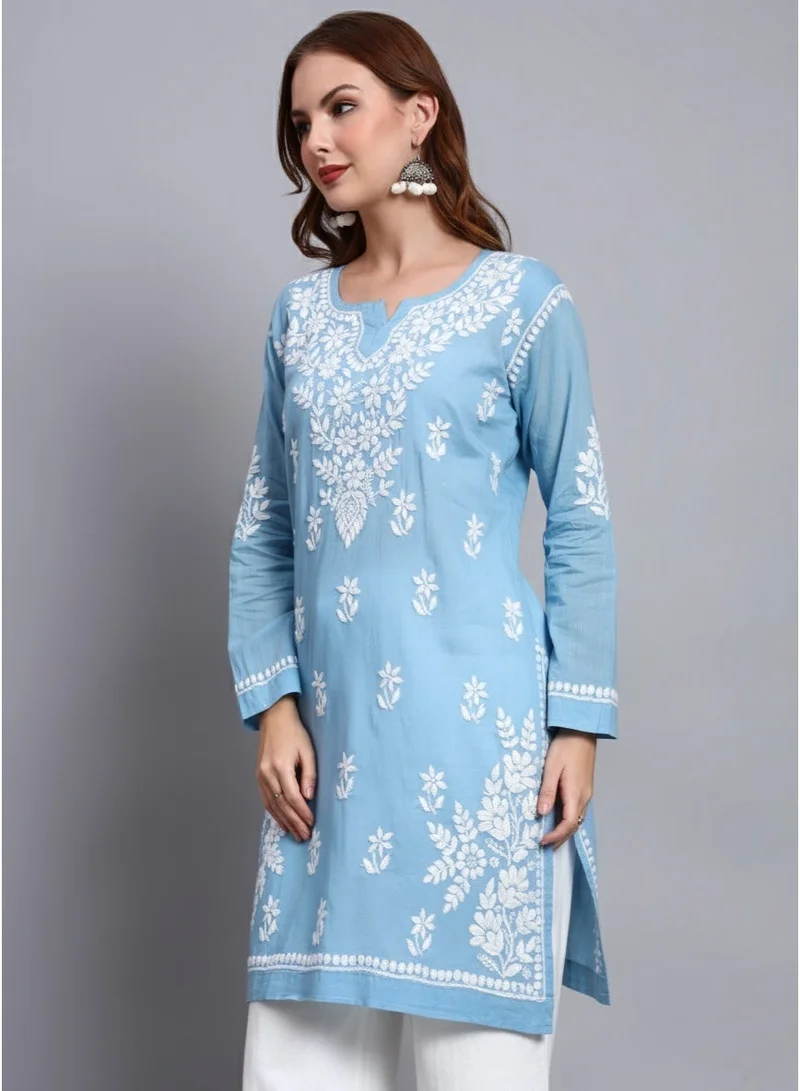 Alaya Blue Women Hand Embroidered Chikankari Cotton Kurti -AL3685 for Women | Best Price UAE