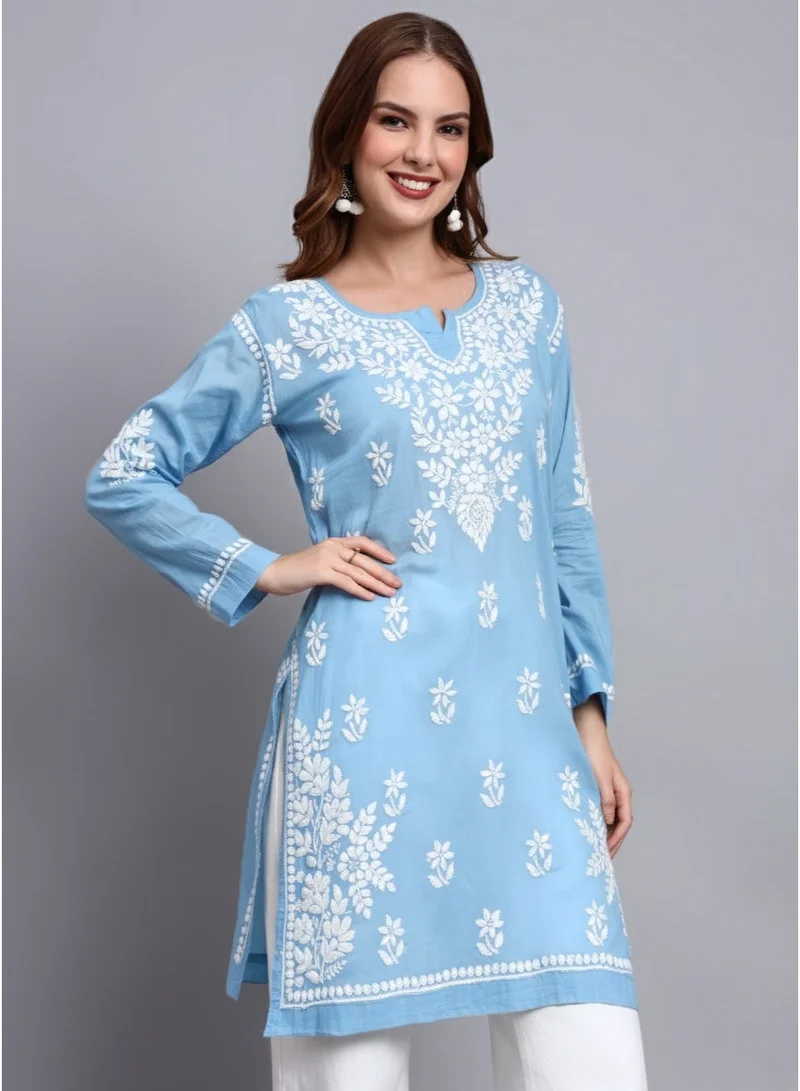 Alaya Blue Women Hand Embroidered Chikankari Cotton Kurti -AL3685 for Women | Best Price UAE