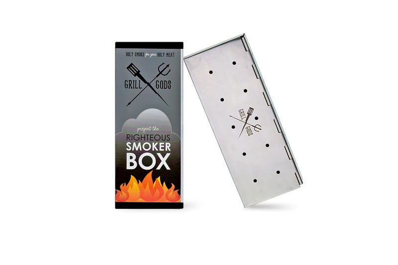 Grill Gods صندوق مدخن باربكيو من جريل غودز - ملحق للشواء للغاز والفحم مصنوع من الفولاذ المقاوم للصدأ مع غطاء مفصلي معزز - يتعامل مع رقائق الخشب والكرات لإضافة نكهة دخان الشواء