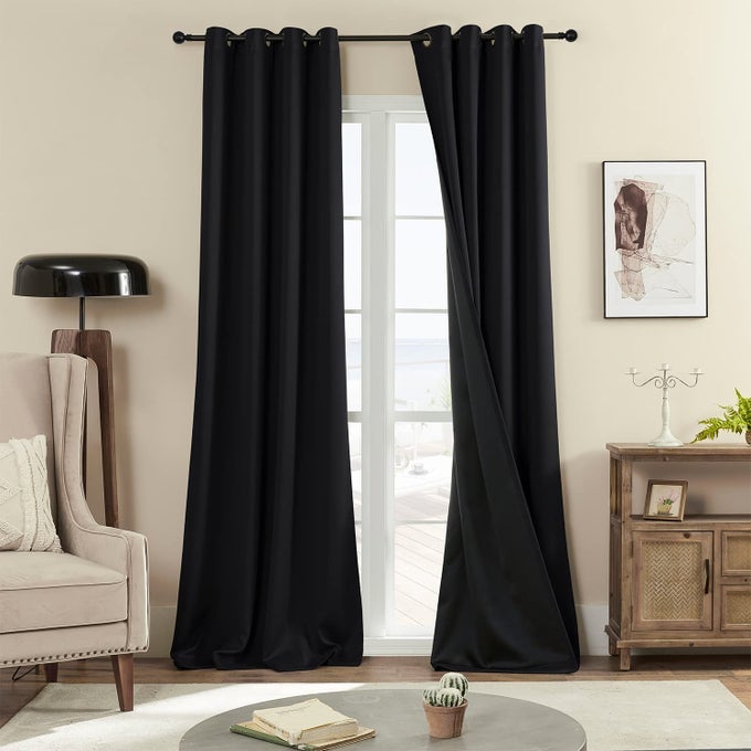 100 BLACKOUT 340 GSM CURTAINS 90 INCHES 2 PANEL SETS HEAT AND FULL LIGHT BLOCKING DRAPES WITH GROMMETS FOR BEDROOM THERMAL INSULATED WINDOW TREATMENT DRAPES FOR LIVING ROOM BLACK52X90INCH