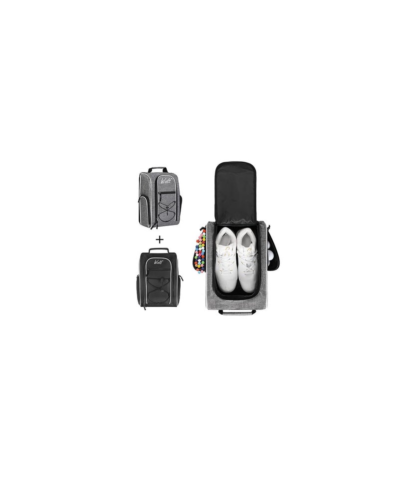Wolt 2 Pcs Golf Shoe Bag for Travel Zippered Shoes Carrier Bags with Ventilation Double Outside Accessory Pocket for Socks Tees Golf Balls Etc for Women and Men BlackGrey - Image 2