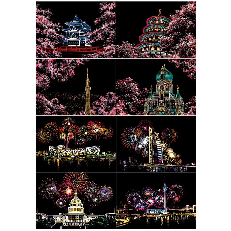 SiYear Scratch Paper Rainbow Painting Sketch, City Series Night Scene, Scratch Painting Creative Gift, Scratchboard for Adults and Children with 4 Tools (A4 Fireworks and Cherry Blossoms) - Image 1
