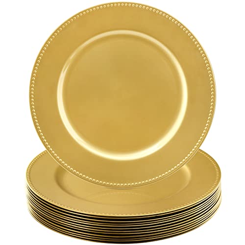 Okllen 12 Pack Plastic Gold Charger Plates, 13" Round Beaded Charger Plates for Wedding, Catering Event, Tabletop Decor - Image 1