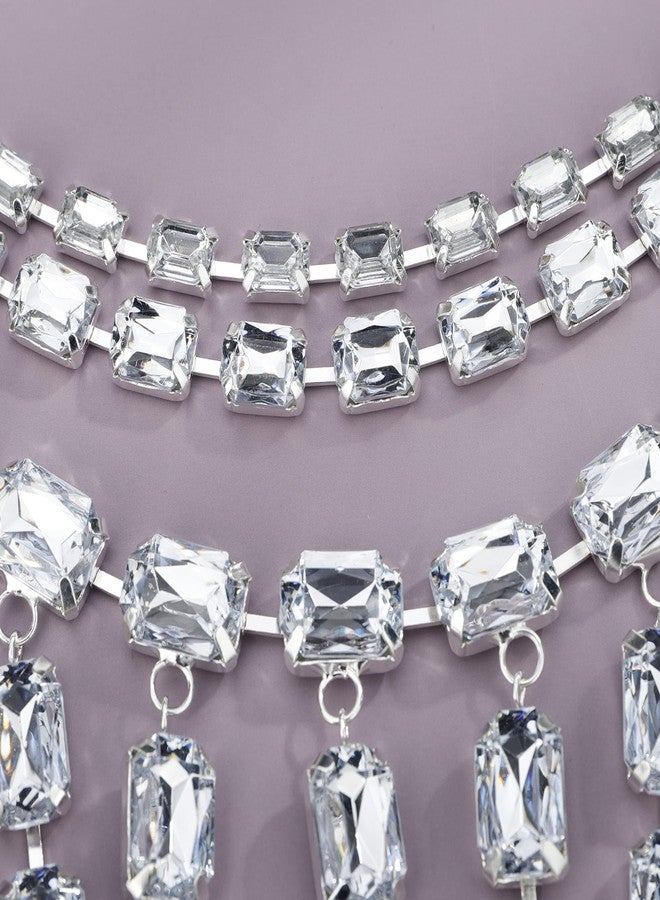 يرتير قلادة YERTTER الفضية اللامعة ذات الشرابة الكريستالية الكاملة، طوق فاخر مزين بأحجار الراين، قلادة تشوكر أنيقة للترقوة، مثالية لحفلات الزفاف، الحفلات الموسيقية، الحانات، للنساء (فضي 5) - Image 4