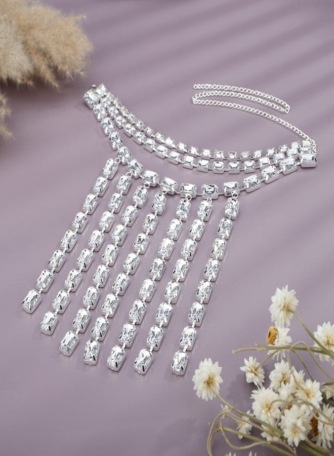 يرتير قلادة YERTTER الفضية اللامعة ذات الشرابة الكريستالية الكاملة، طوق فاخر مزين بأحجار الراين، قلادة تشوكر أنيقة للترقوة، مثالية لحفلات الزفاف، الحفلات الموسيقية، الحانات، للنساء (فضي 5) - Image 3