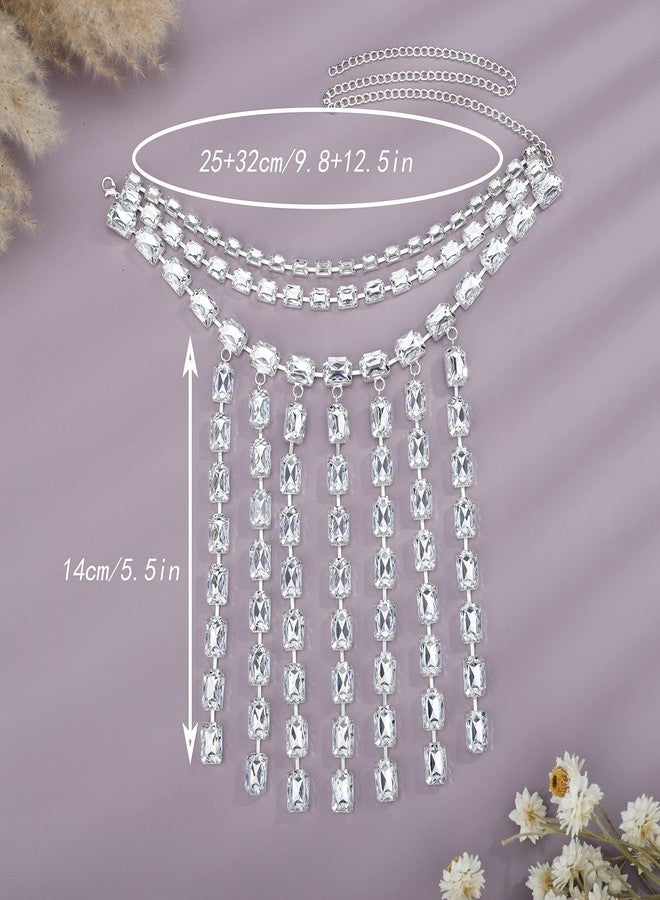 يرتير قلادة YERTTER الفضية اللامعة ذات الشرابة الكريستالية الكاملة، طوق فاخر مزين بأحجار الراين، قلادة تشوكر أنيقة للترقوة، مثالية لحفلات الزفاف، الحفلات الموسيقية، الحانات، للنساء (فضي 5) - Image 2
