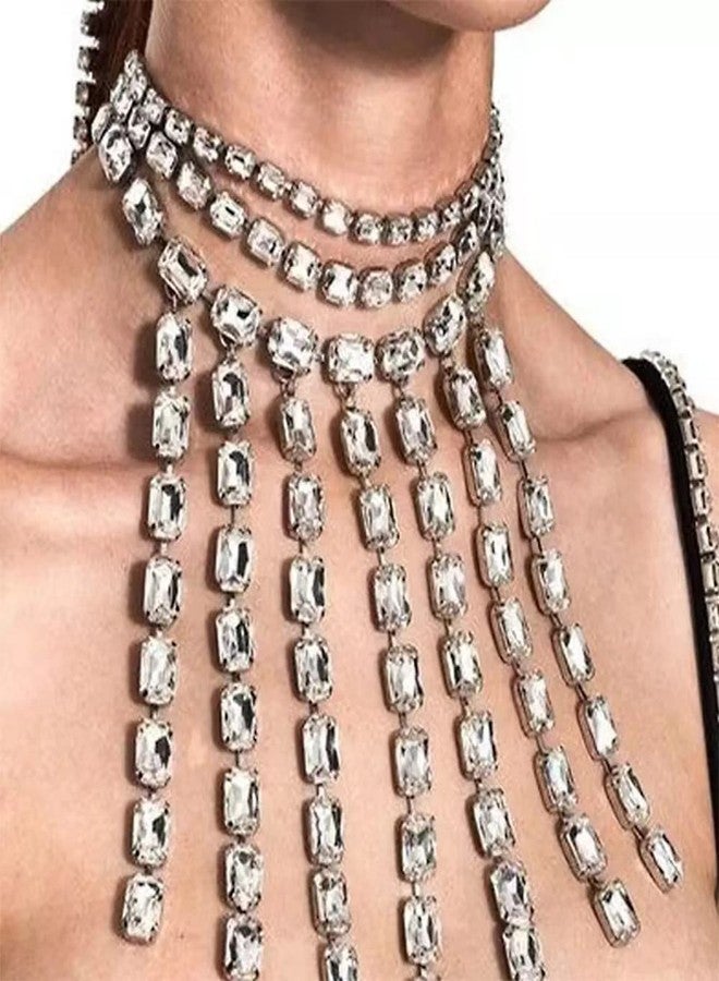 يرتير قلادة YERTTER الفضية اللامعة ذات الشرابة الكريستالية الكاملة، طوق فاخر مزين بأحجار الراين، قلادة تشوكر أنيقة للترقوة، مثالية لحفلات الزفاف، الحفلات الموسيقية، الحانات، للنساء (فضي 5) - Image 1