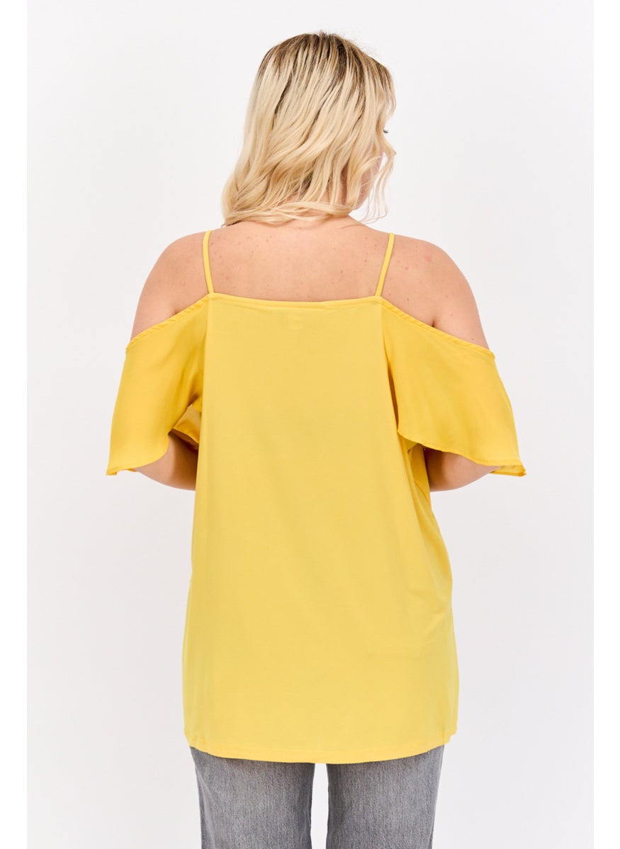 NINE WEST Women Square Neck Cold Shoulder Sleeve Plain Top, Sunset Yellow  - Image 3