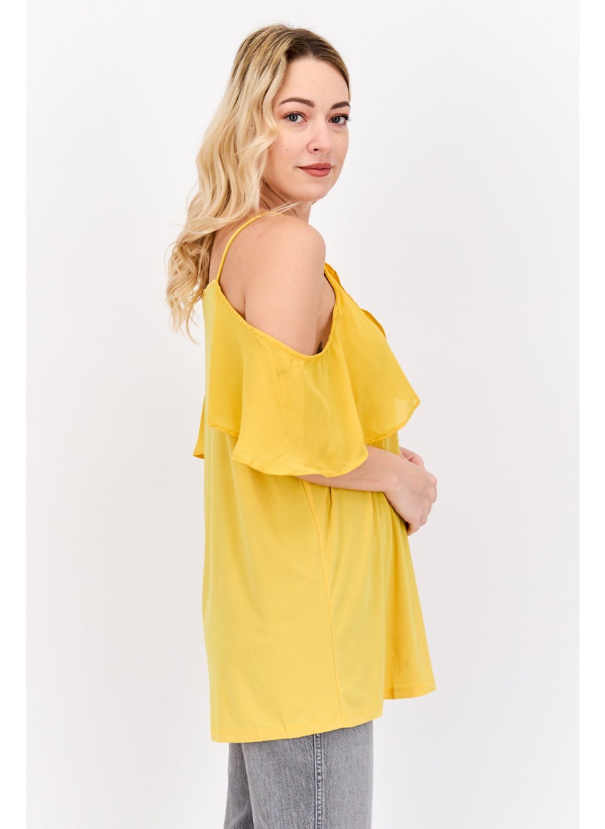 NINE WEST Women Square Neck Cold Shoulder Sleeve Plain Top, Sunset Yellow  - Image 2