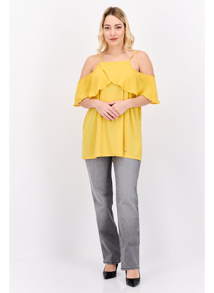 NINE WEST Women Square Neck Cold Shoulder Sleeve Plain Top, Sunset Yellow  - Image 4