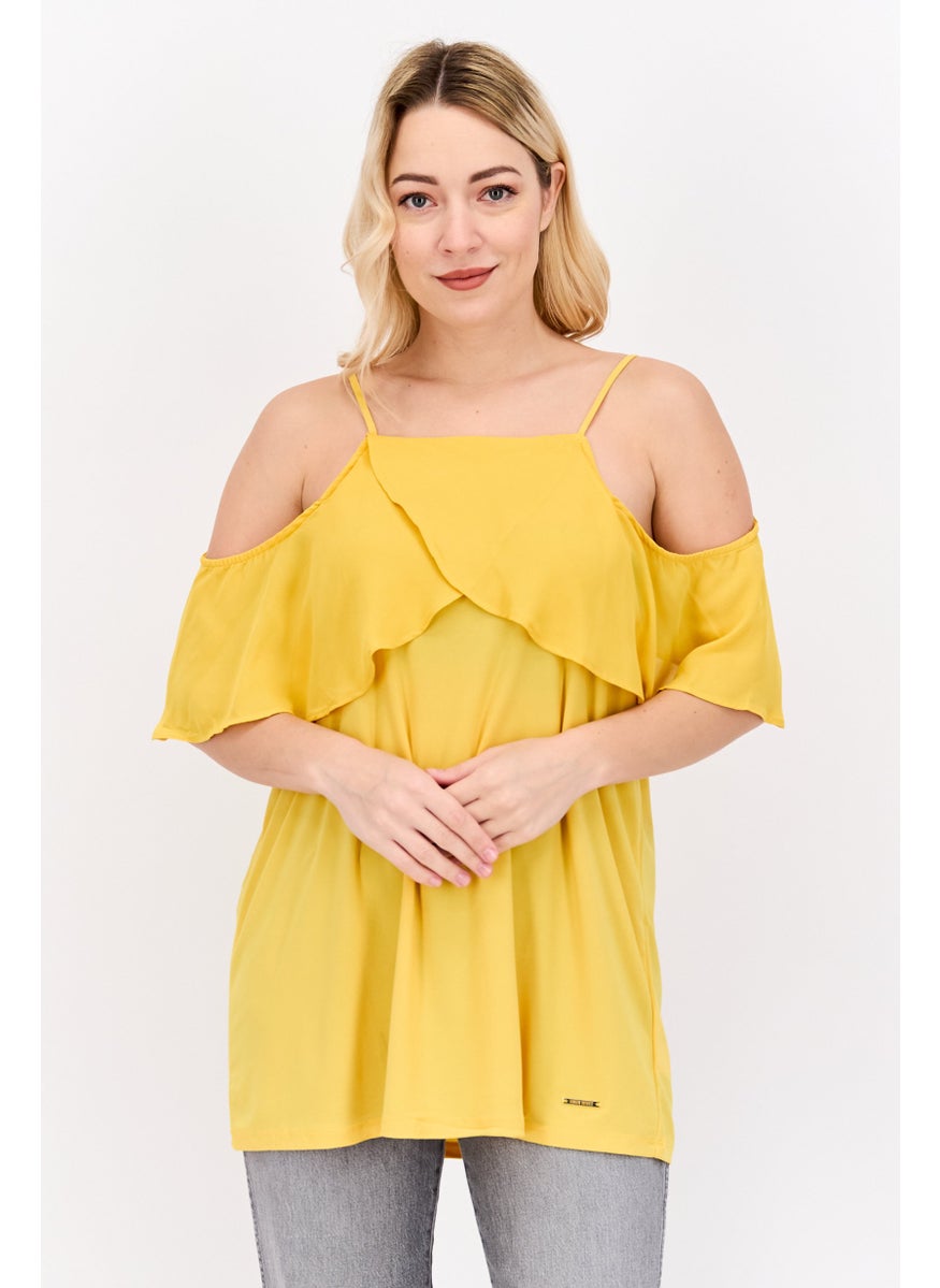 NINE WEST Women Square Neck Cold Shoulder Sleeve Plain Top, Sunset Yellow  - Image 1