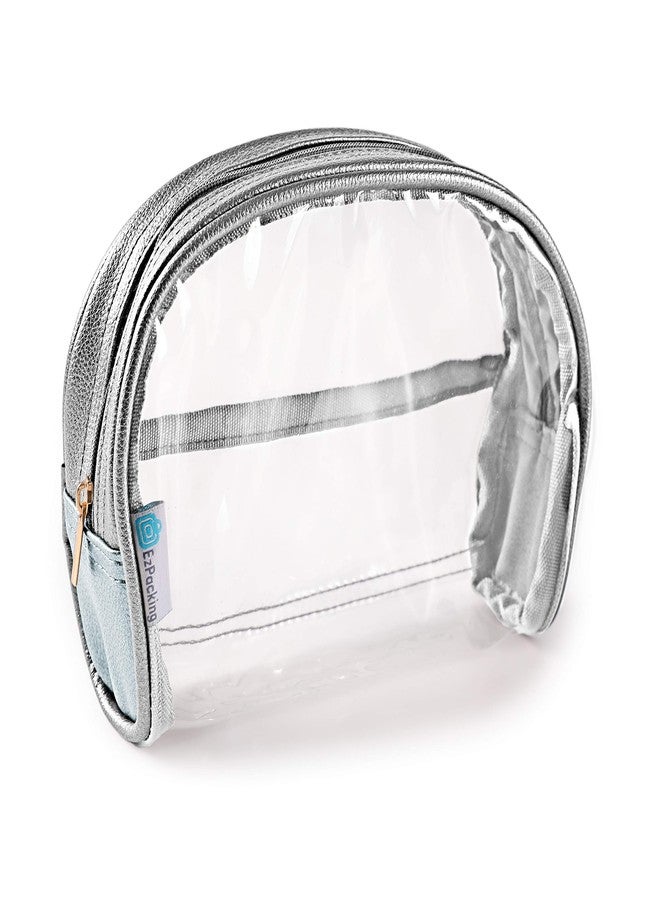 EzPacking Half Moon Bag / Clear Cosmetic Pouch for Purse / Transparent TSA Compliant Clear Quart Bag for Travel / See-Through Clutch or Handbag for Makeup / Made From Vegan Leather, Vinyl PVC & Suede (Silver) - Image 1