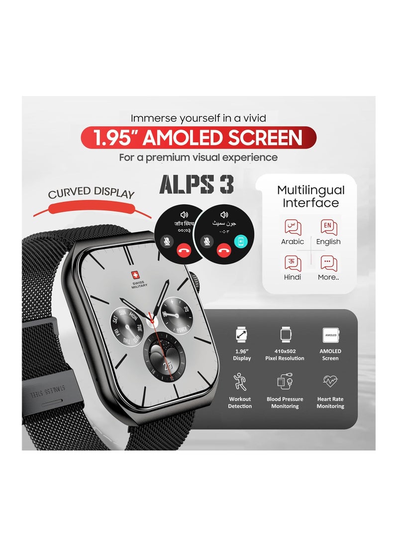 SWISS MILITARY Alps3 Smartwatch, Curved Display 1.96-inch AMOLED, Bluetooth Calling, Multi Language, Fitness Tracking, Wireless Charging, 7 Days Battery, iOS/Android Compatible, Gun Metal Frame And Strap  - Image 2