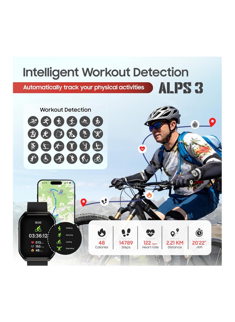 Alps3 Smartwatch, Curved Display 1.96-inch AMOLED, Bluetooth Calling, Multi Language, Fitness Tracking, Wireless Charging, 7 Days Battery, iOS/Android Compatible, Gun Metal Frame And Strap