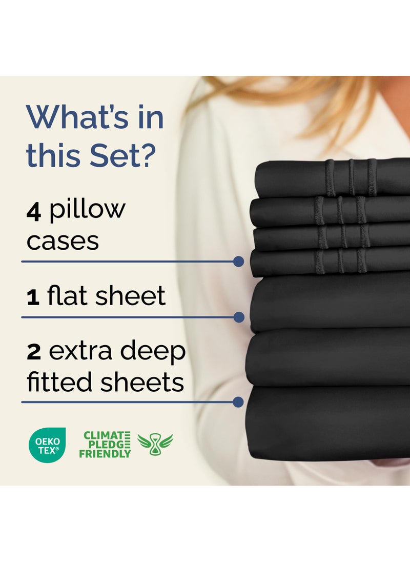 Extra Deep Split King Sheet Set - 7 Piece Breathable & Cooling Sheets - Hotel Luxury Bed Sheets Set - Easy & Secure Fit - Soft  Wrinkle Free & Comfy Sheets Set - Black Sheet Set w/Extra Deep Pockets
