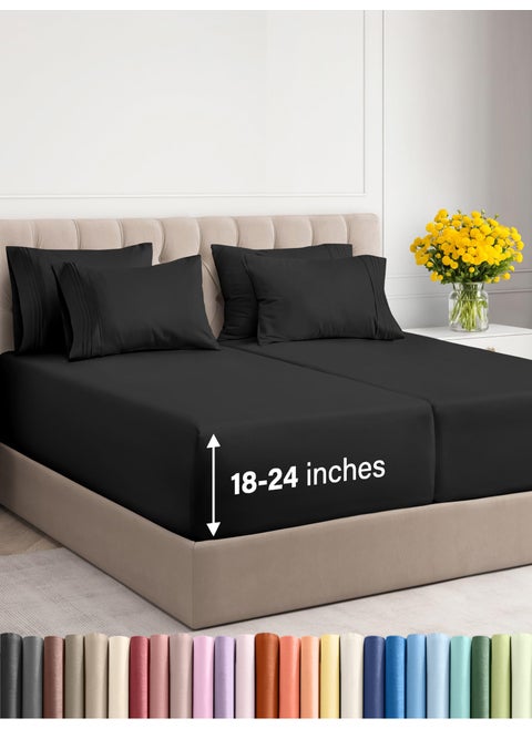Extra Deep Split King Sheet Set - 7 Piece Breathable & Cooling Sheets - Hotel Luxury Bed Sheets Set - Easy & Secure Fit - Soft  Wrinkle Free & Comfy Sheets Set - Black Sheet Set w/Extra Deep Pockets