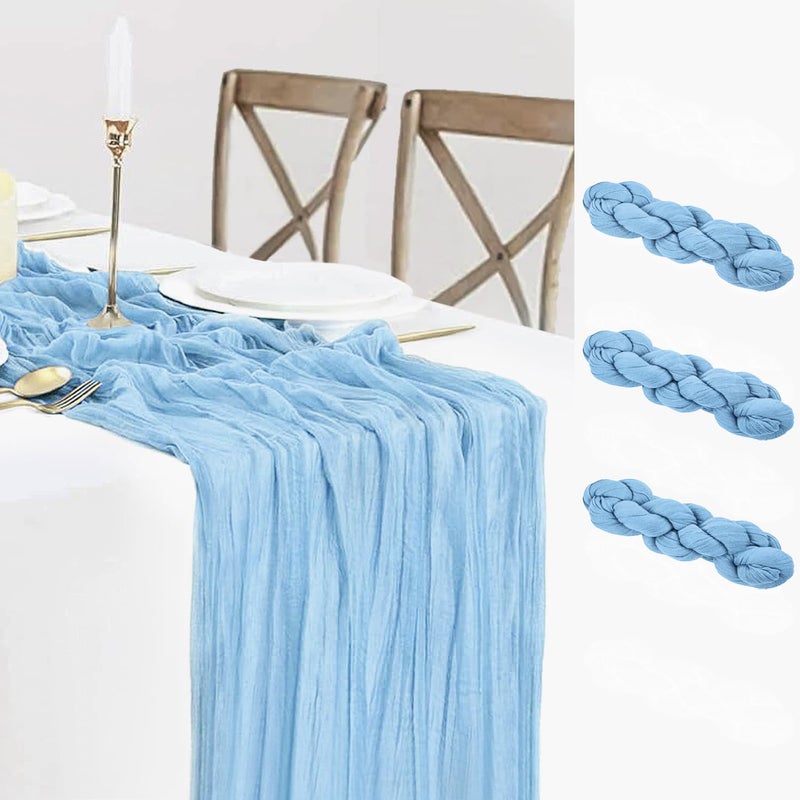 BLUETOP 3 Pack Baby Blue Table Runner Boho Gauze Cheesecloth Table Runner 120 Inches Long Light Blue Cheese Cloth Runner for Wedding Bridal Baby Shower Birthday Party Easter Decor - Image 1