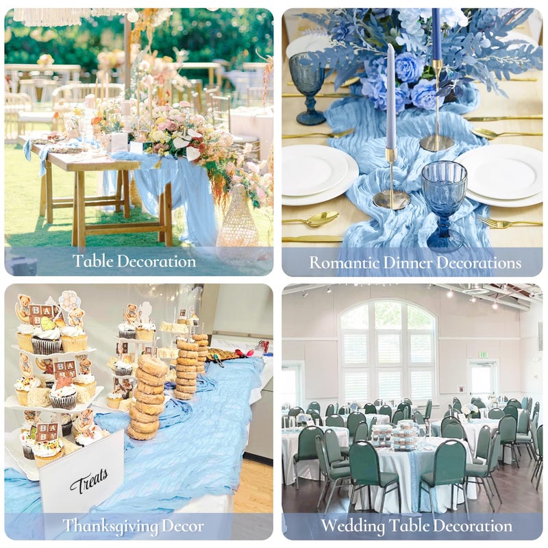 BLUETOP 3 Pack Baby Blue Table Runner Boho Gauze Cheesecloth Table Runner 120 Inches Long Light Blue Cheese Cloth Runner for Wedding Bridal Baby Shower Birthday Party Easter Decor - Image 5