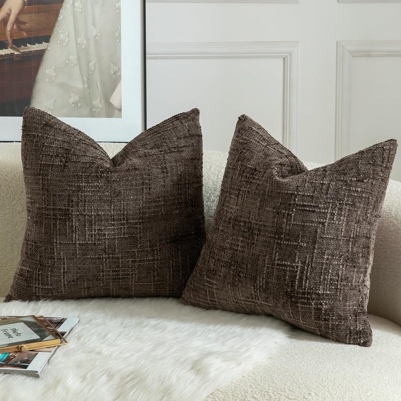 MANDIOO Pack of 2 Soft Chenille Textured Throw Pillow Covers Square Accent Solid Decorative Cushion Cover Cozy Farmhouse Pillow Case for Couch Sofa Bed Living Room 16x16 Inch Coffee - Image 2