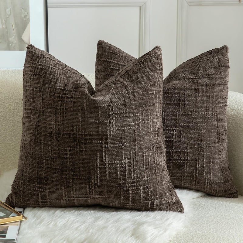 MANDIOO Pack of 2 Soft Chenille Textured Throw Pillow Covers Square Accent Solid Decorative Cushion Cover Cozy Farmhouse Pillow Case for Couch Sofa Bed Living Room 16x16 Inch Coffee - Image 1