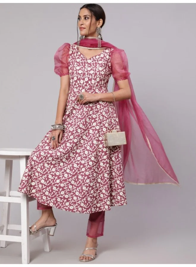 AKS Purple Embroidered Anarkali & Pant With Organza Dupatta Set