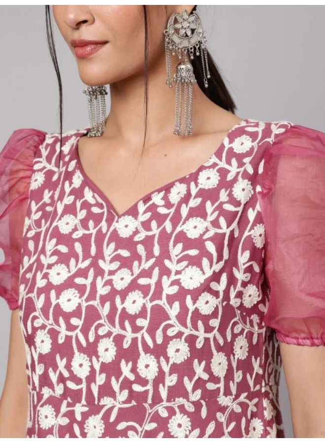 AKS Purple Embroidered Anarkali & Pant With Organza Dupatta Set