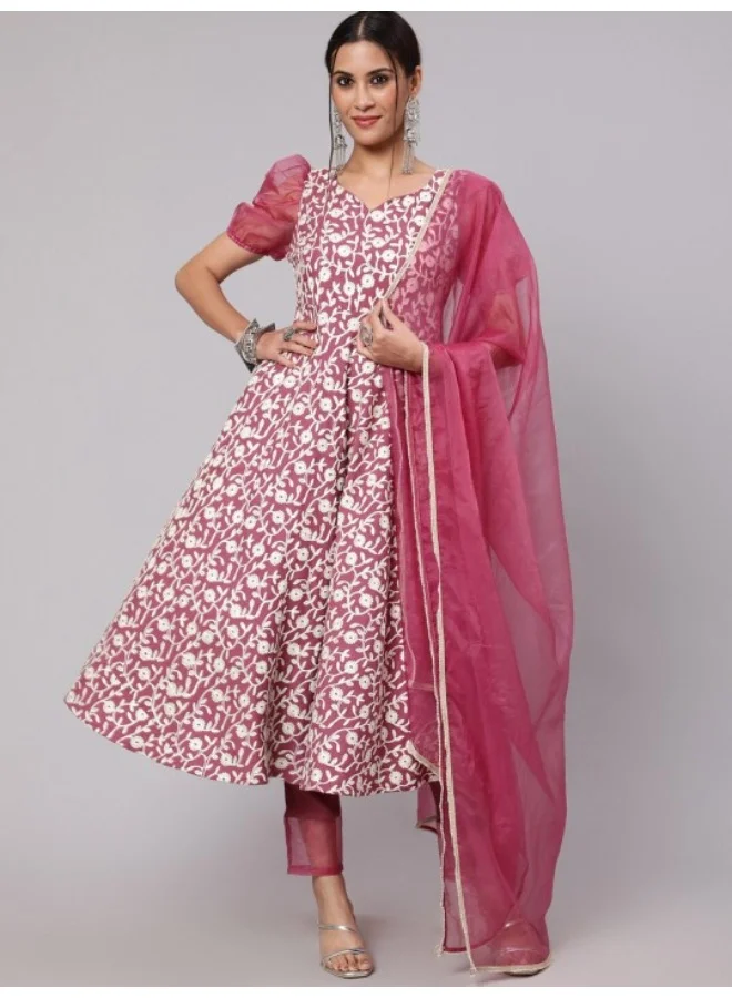 AKS Purple Embroidered Anarkali & Pant With Organza Dupatta Set