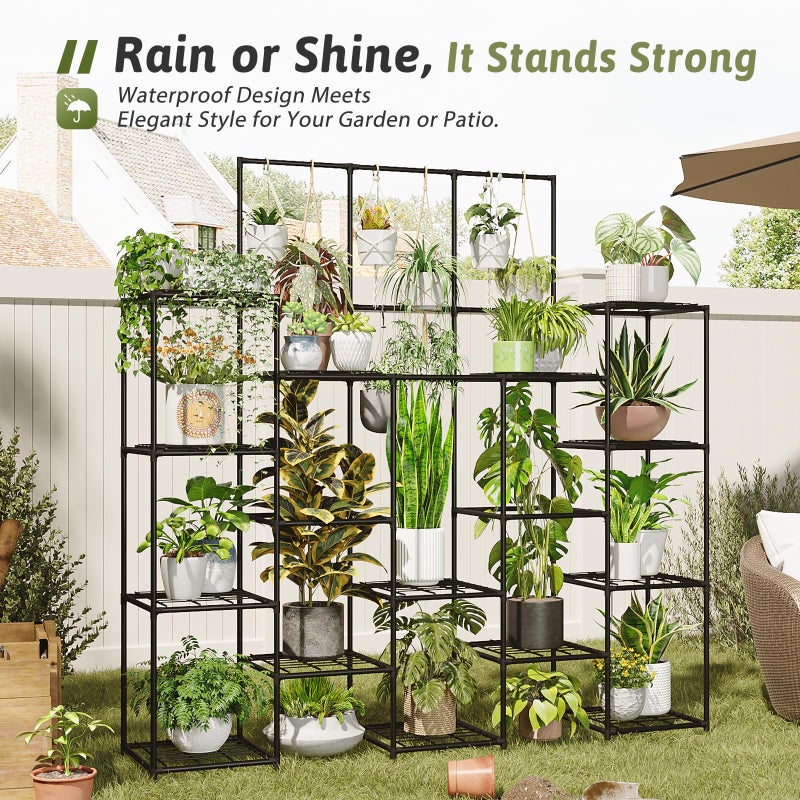 GENTINGBRO Metal Plant Stand Outdoor 63" Tall Plant Shelf for Plants 14-Tier Large Plant Sheves for Indoor Plants Living Room Heavy Duty Rack Garden Balcony Patio Hanging Planter - Image 3