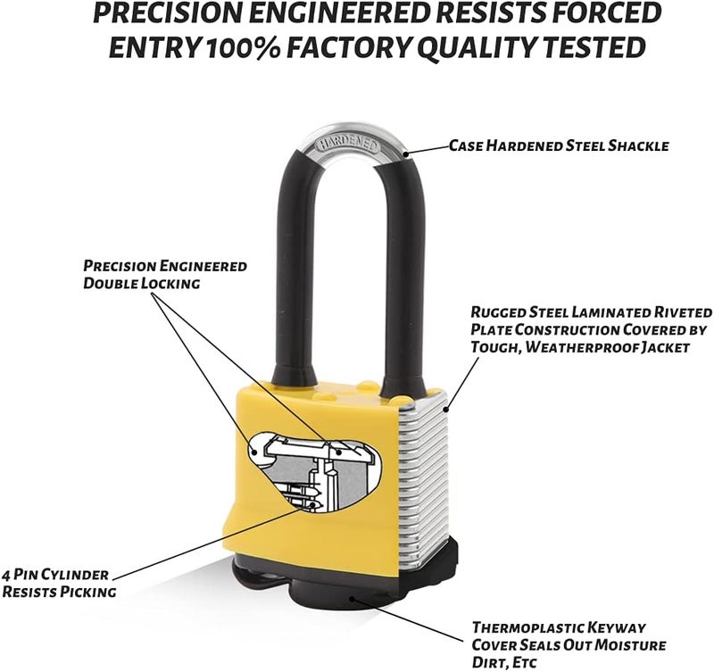 CINCINNO 4 Pack Heavy Duty Covered Laminated Steel Padlocks Keyed Alike, Weatherproof Padlocks with 1-9/16 in. Wide Body, Long Shackle for Gate, Shed, Storage Locker Lock - Image 3