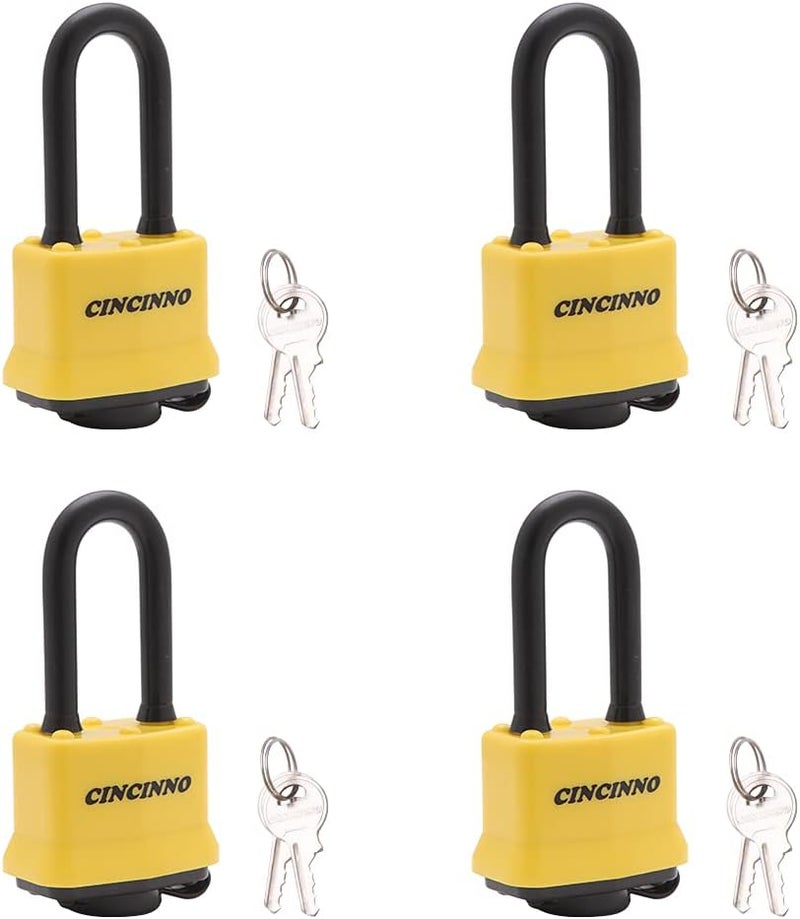 CINCINNO 4 Pack Heavy Duty Covered Laminated Steel Padlocks Keyed Alike, Weatherproof Padlocks with 1-9/16 in. Wide Body, Long Shackle for Gate, Shed, Storage Locker Lock - Image 1
