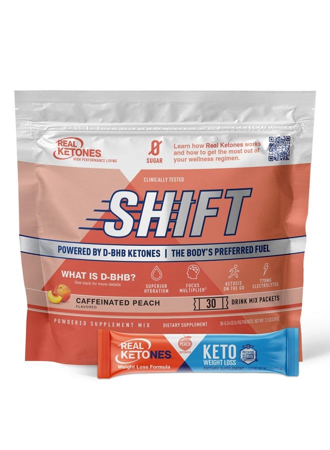 Real Ketones مسحوق مشروب شيفت إكزوجينوس كيتو دي بي إتش بي + كافيين + إلكتروليتات بنكهة الخوخ 30 عبوة لتحقيق الكيتوز السريع - Image 1